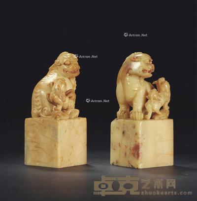 清 寿山芙蓉石子母兽钮对章 4.3×4.3×10.8cm×2