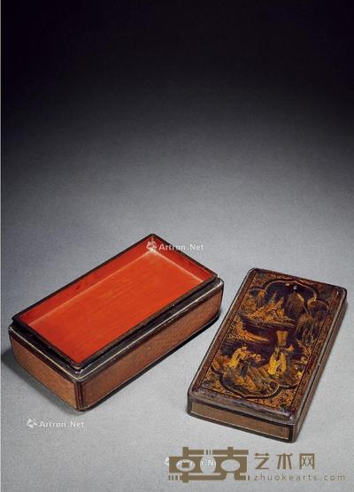 清 乾隆甲子年内务府制款黑漆描金加官进爵图竹编贴盒 高10.3cm;长26.2cm;宽13.6cm
