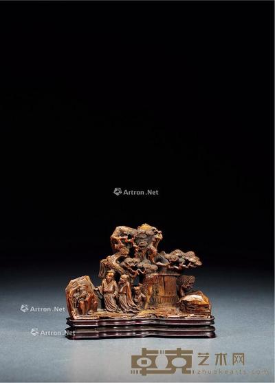 清 竹雕访友图山子摆件 带座高9.2cm;高8cm;长12.3cm