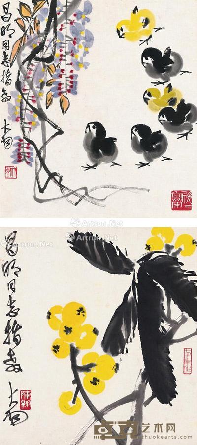 紫藤禽趣图 枇杷图 (二帧) 镜片 设色纸本 41.5×38cm;41.5×37.5cm