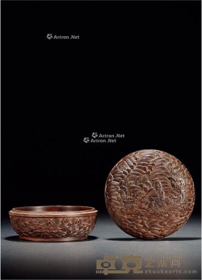 清 紫檀浮雕仙人乘槎图盖盒 高7.8cm;直径13.6cm