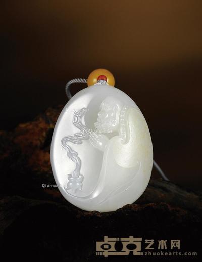 达摩参禅 白玉挂件 钤印:琦题识:禅 46×37×17mm