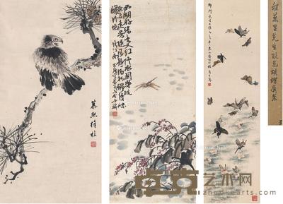 蛱蝶·蜻蜓·松鹰图 立轴·画心·镜片 设色纸本 106×29.5cm;76×33.5cm;69×34.5cm