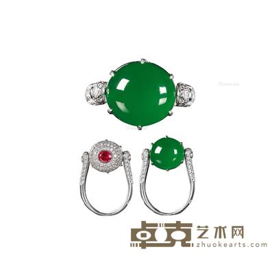 “明珠转运”金镶蛋面翡翠配红宝钻石戒指 --
