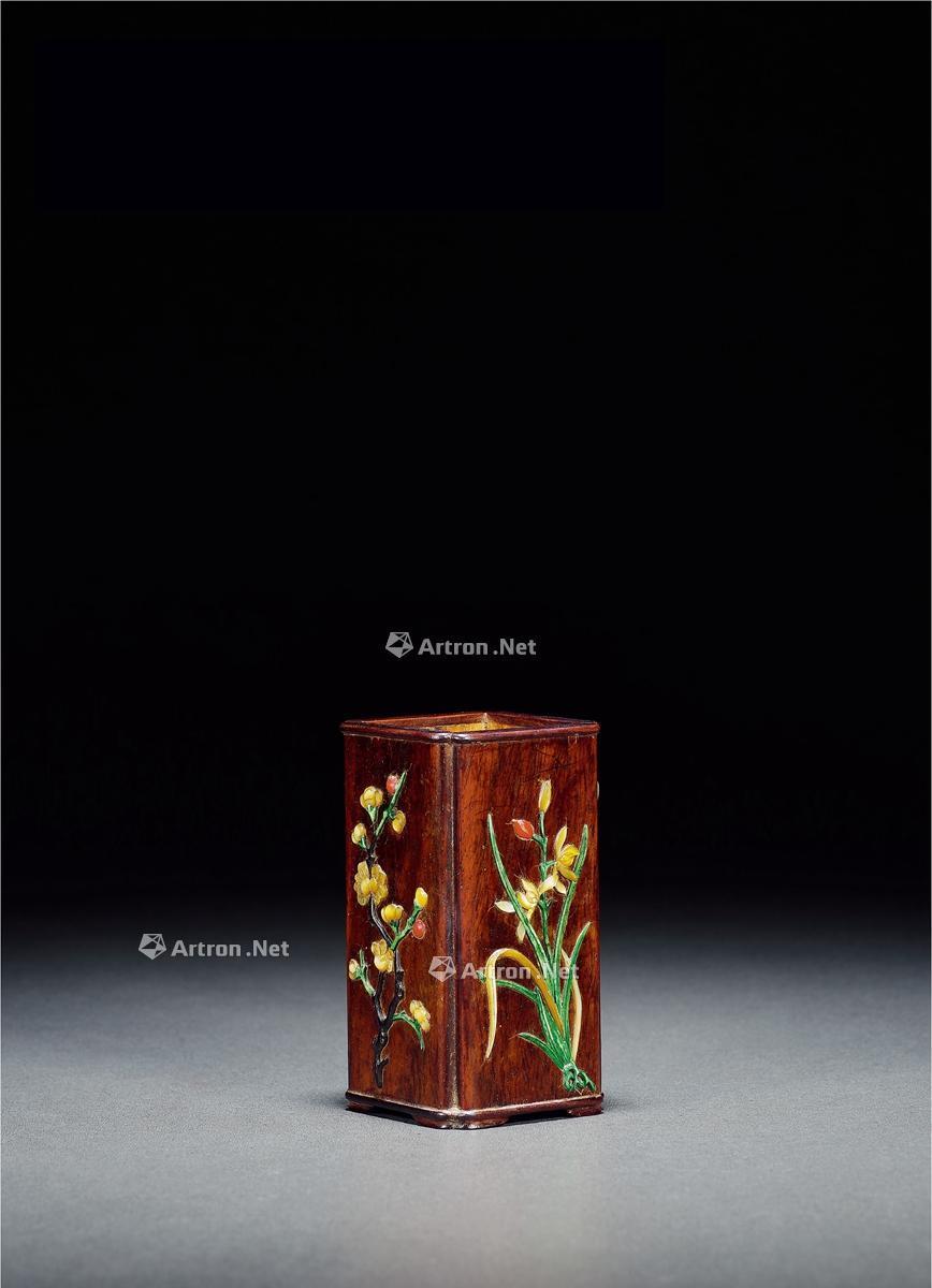 清 黄花梨嵌百宝四方倭角笔筒 高10.3cm;长5.8cm;宽5.7cm