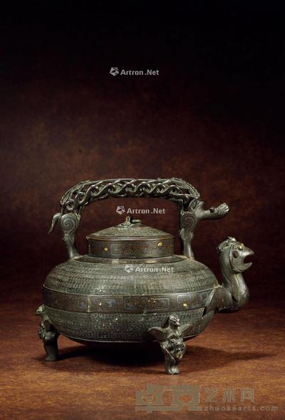 宋 青铜错金银凤首交体龙纹提梁盉 高22.5cm