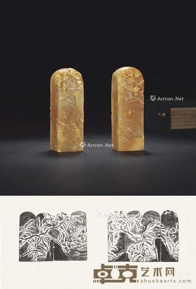 寿山金沙善伯洞石花卉薄意对章 2.4×2.4×7.5cm×2