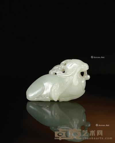  清·白玉鹿衔灵芝把件 长5.8cm