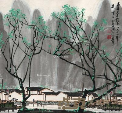  1977年作 漓江小景图 镜片 设色纸本 54.5×50cm