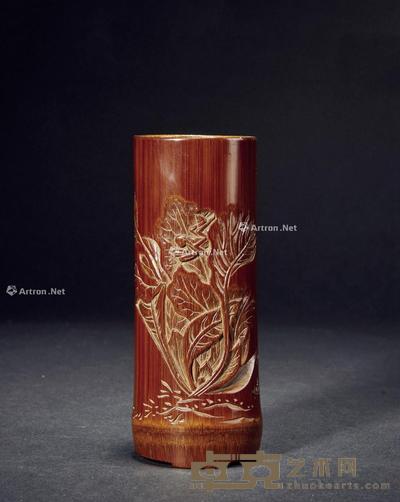 清·竹雕螳螂白菜笔筒 高12cm;口径4cm