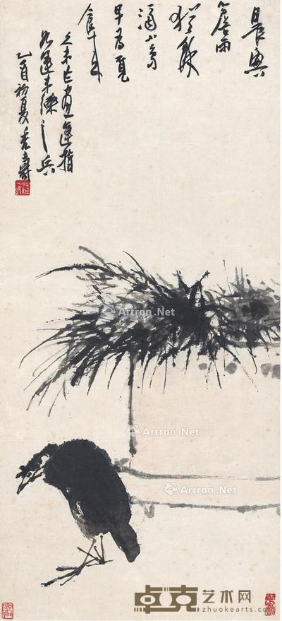  1945年作 清晨禽趣图 立轴 水墨纸本 72.5×33cm