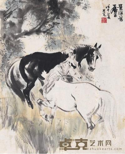  1978年作 双马图 画心 设色纸本 69×56cm