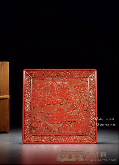 清 剔红山水人物方盘 高3cm;长23.6cm;宽23.6cm