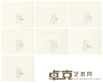  上海美术电影制片厂 《牧笛》动画线稿 （七帧） 纸本 线描 27×31.5cm×7