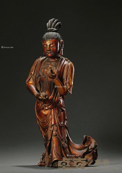 清 木雕肋侍菩萨立像 高50cm