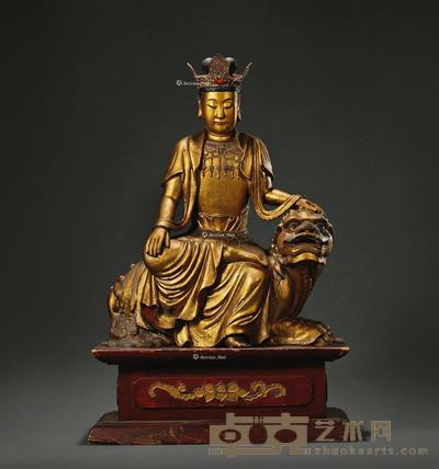 清 木胎漆金骑吼观音坐像 高64cm