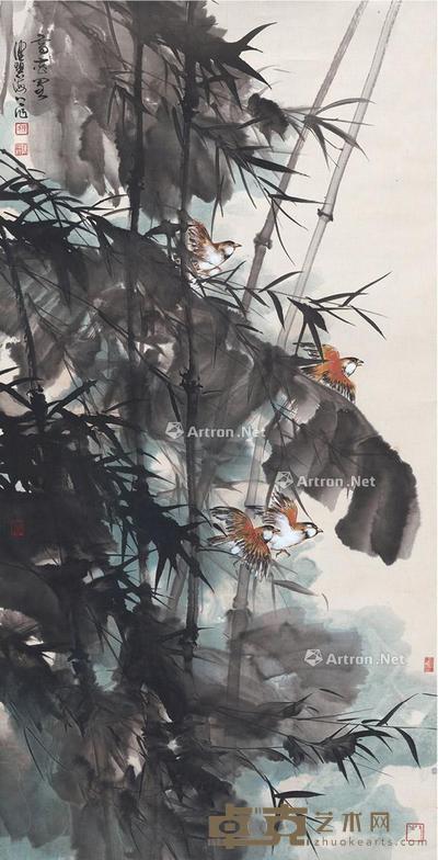竹蕉飞禽图 镜片 设色纸本 136.5×69.5cm
