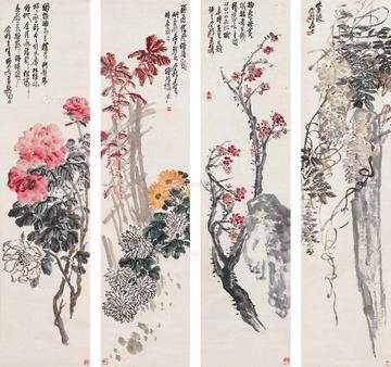  花卉 四屏 设色纸本