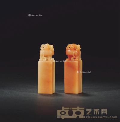 林元珠作寿山迷翠寮石盘螭对章 2.1×2.1×7.4cm×2