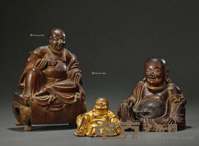 明 木雕弥勒像 (一组三尊) 高8cm;高17cm;高25.5cm