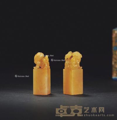  林元珠作寿山杜陵石子母兽钮对章 1.9×1.9×5.6cm×2