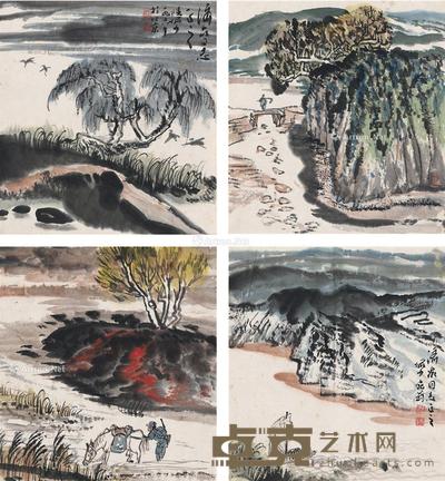 1978年作 山水 (四帧) 镜片 设色纸本 23.5×22cm×4