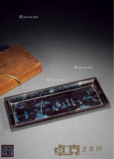 清 江千里款嵌螺钿庭院西园雅集图长方盘 高3cm;长36.3cm;宽14cm