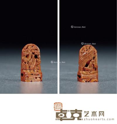  民国·都兰桂刻核雕采菊抚琴图套印 高2.8cm