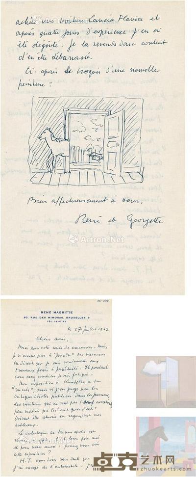  1962年7月27日作 马格利特 罕见带画稿的亲笔信 21.5×13.5cm