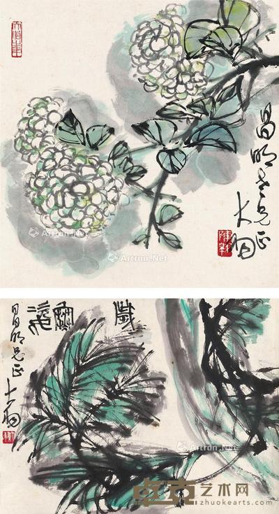  绣球花 岁寒图 （二帧） 镜片 设色纸本 41×40cm；45.5×35cm