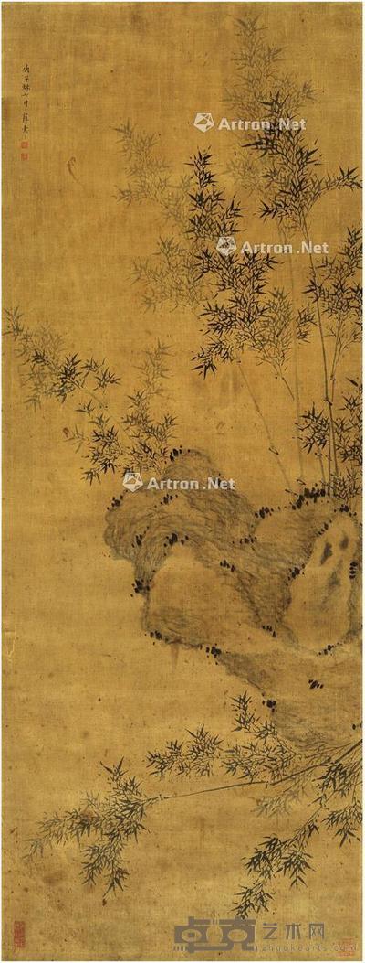  1600年作 竹石图 立轴 水墨绫本 99.5×37.5cm
