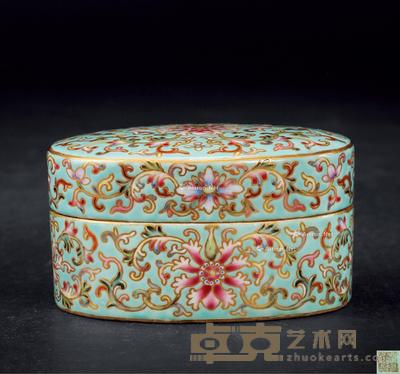 清乾隆 松石绿地粉彩缠枝花卉盒 长9.5cm