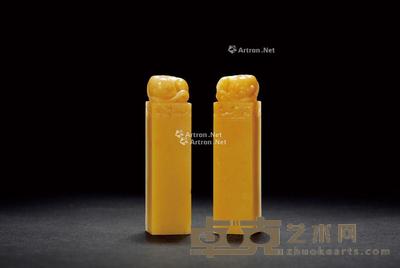 寿山旗降石睡狐钮对章 1.5×1.5×6.1cm×2