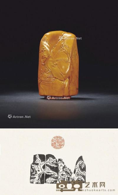清 寿山石山水薄意章 5×4.9×10.6cm