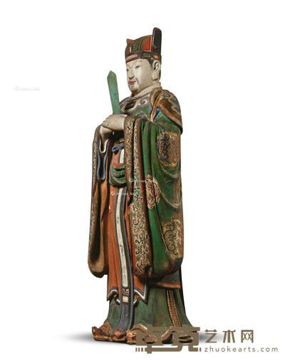 明 木雕彩绘帝释天立像 高140cm