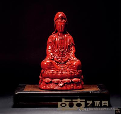 清 剔红观音配红木座 高41cm