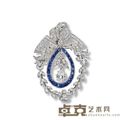 爱德华时期 金镶蓝宝石钻石胸针吊坠 --