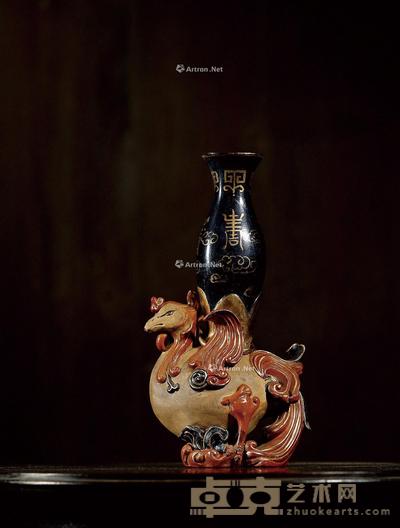 清·圣思氏款金彩祥云寿字纹紫砂天鸡尊 17×9×6cm