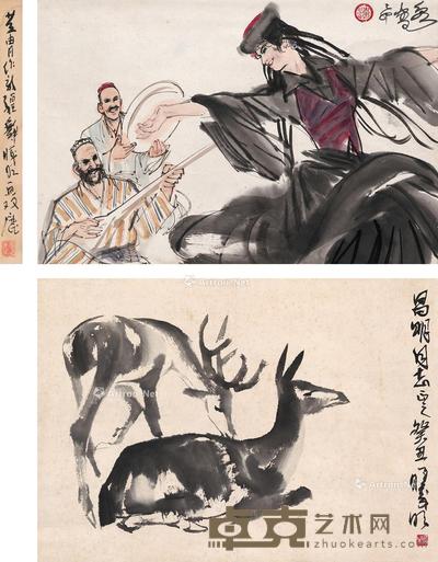 新疆舞 双鹿图 (一轴双挖) 立轴 设色纸本 水墨纸本 54×35cm×2
