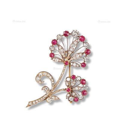  维多利亚时期 金银镶钻石红宝花朵胸针