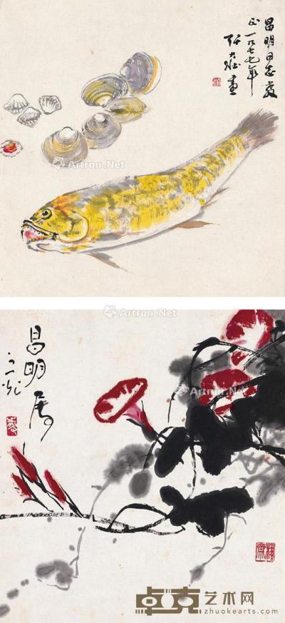  鱼贝图 牵牛花图 （二帧） 镜片 设色纸本 42×40.5cm；41.5×38cm