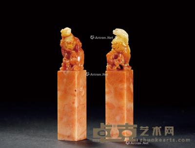 郑仁蛟作寿山旗降石子母兽钮对章 1.6×1.6×8.4cm×2