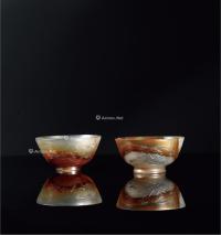  辽金-明·玛瑙浮雕花卉瑞兽杯 （一对）