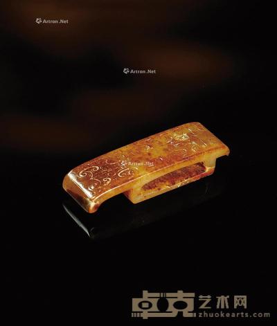明·沁色玉兽面纹剑璏 长7cm