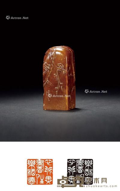 清·吴让之刻寿山石梅石薄意闲章 2.8×2.8×6.9cm