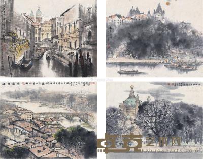  2014年作 城市四景 （四帧） 镜片 设色纸本 60×48.5cm×4