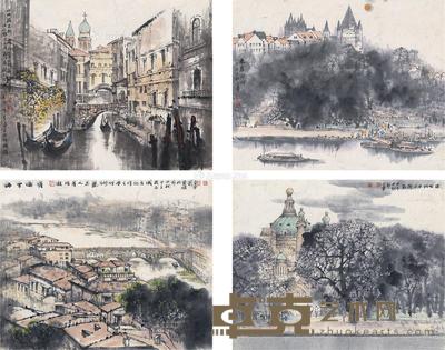 2014年作 城市四景 (四帧) 镜片 设色纸本 60×48.5cm×4