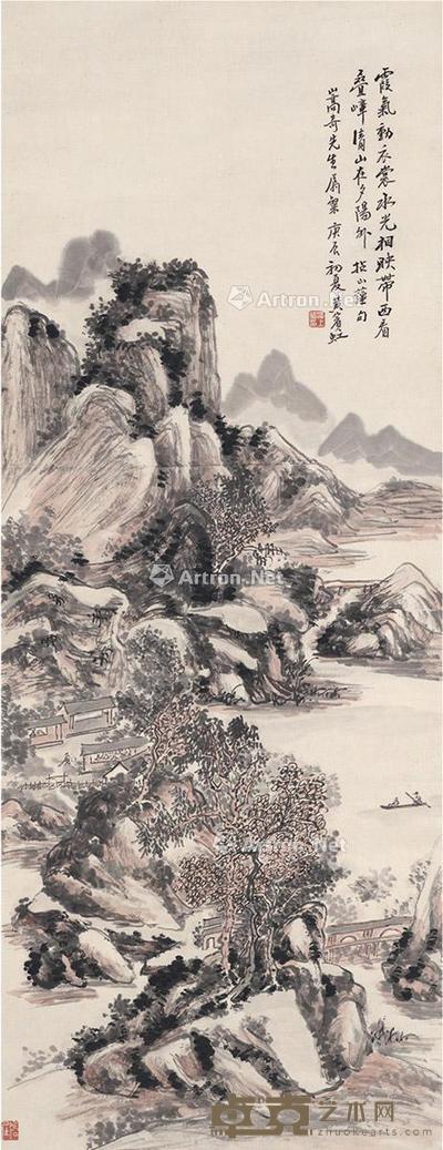 1940年作 烟江迭嶂图 立轴 设色纸本 122×47cm