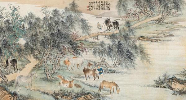  1943年作 柳荫饮马 镜芯 纸本设色