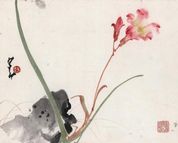  红花晓露 镜片 设色纸本
